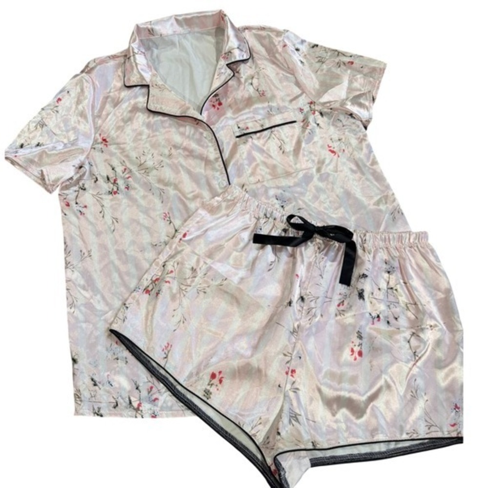 Pink Floral Striped Satin Pajama Set Short Sleeve Button Down Shorts Small